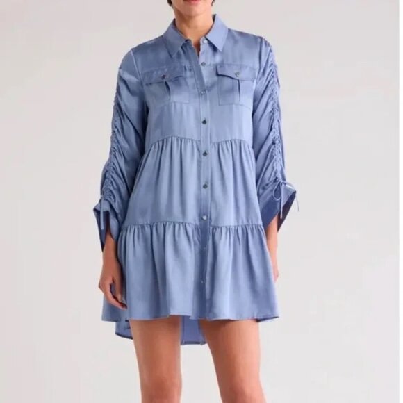 Cinq a Sept Tillie Blue Cupro Shirt Dress Tiered Long Sleeve Small - Picture 1 of 7
